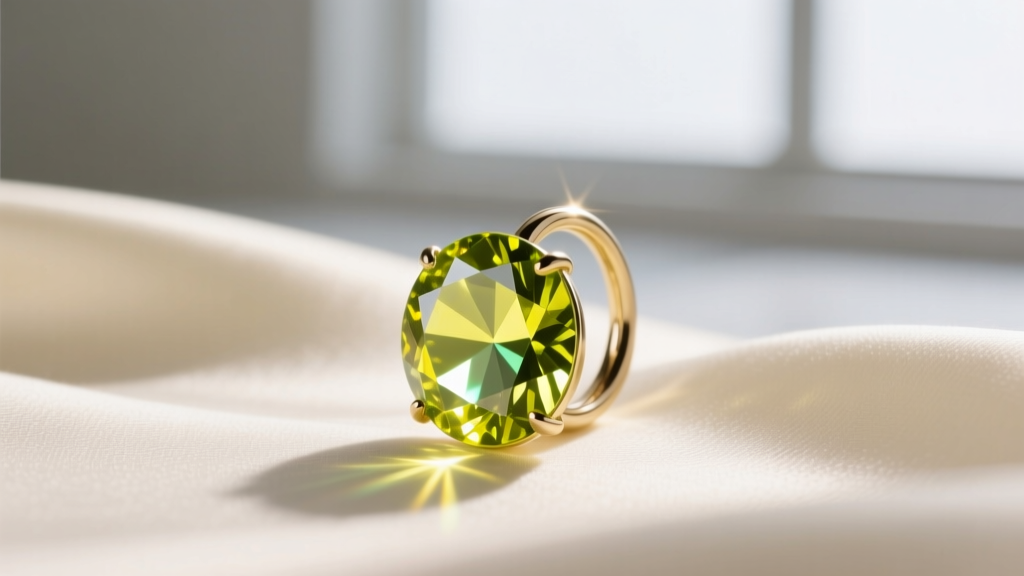 Macro of a 3mm lab-created olivine halo huggie earring showcasing flawless clarity and bright yellow-green refraction on silk