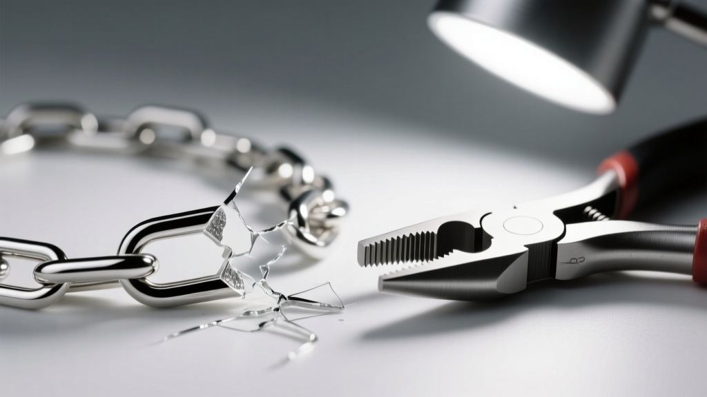 Macro shot of a broken 2mm sterling silver cable chain link next to a small jewelry pliers tool, illuminated by a bright desk lamp.