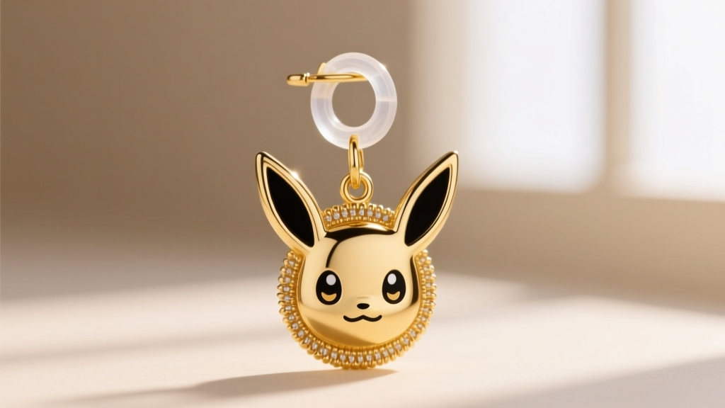 Macro shot of gold vermeil Eevee dangle earring showing intricate milgrain texture and secure silicone O-ring earring backing.