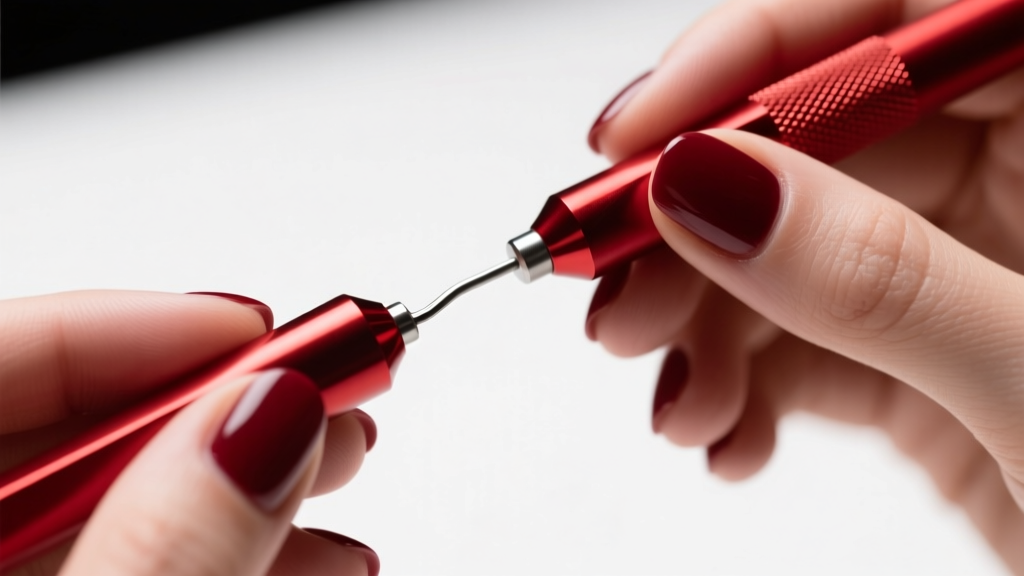 Hands using a specialized red jeweler's polishing cloth to buff a highly polished silver-toned tungsten ring under bright light.