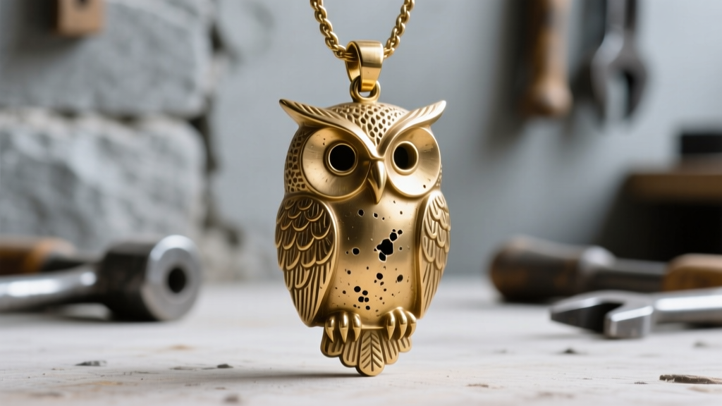 Macro photo of a raw brass cast owl pendant showing sprue marks and porous texture before tumbling and polishing in a workshop.
