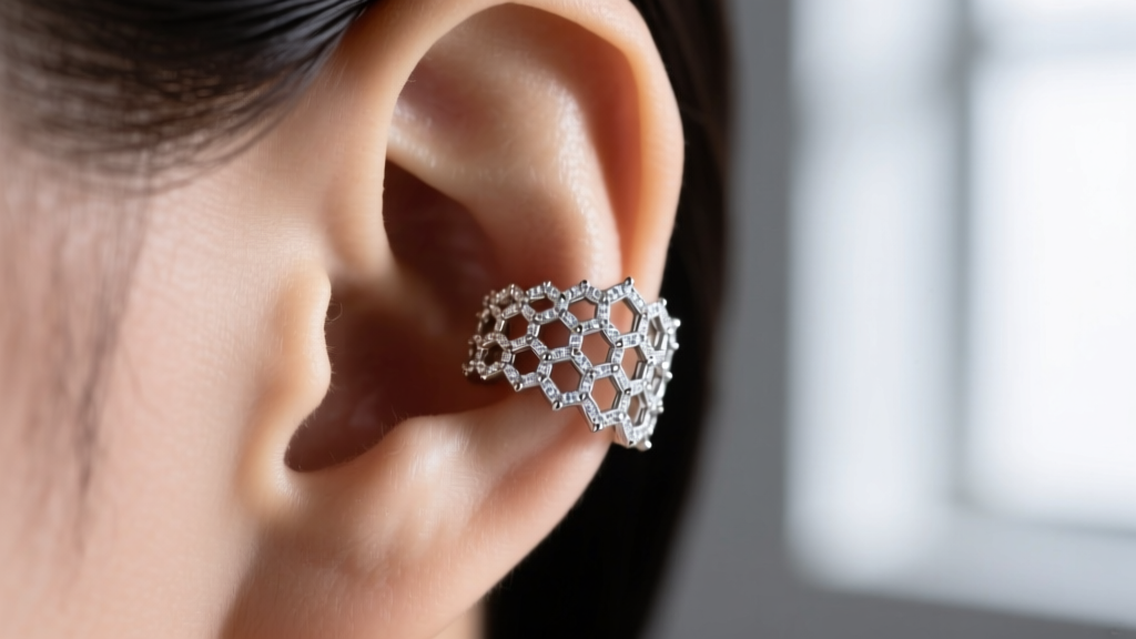Macro shot of a platinum honeycomb ear cuff on upper cartilage, featuring pave diamonds, sharp focus on intricate metal texture.