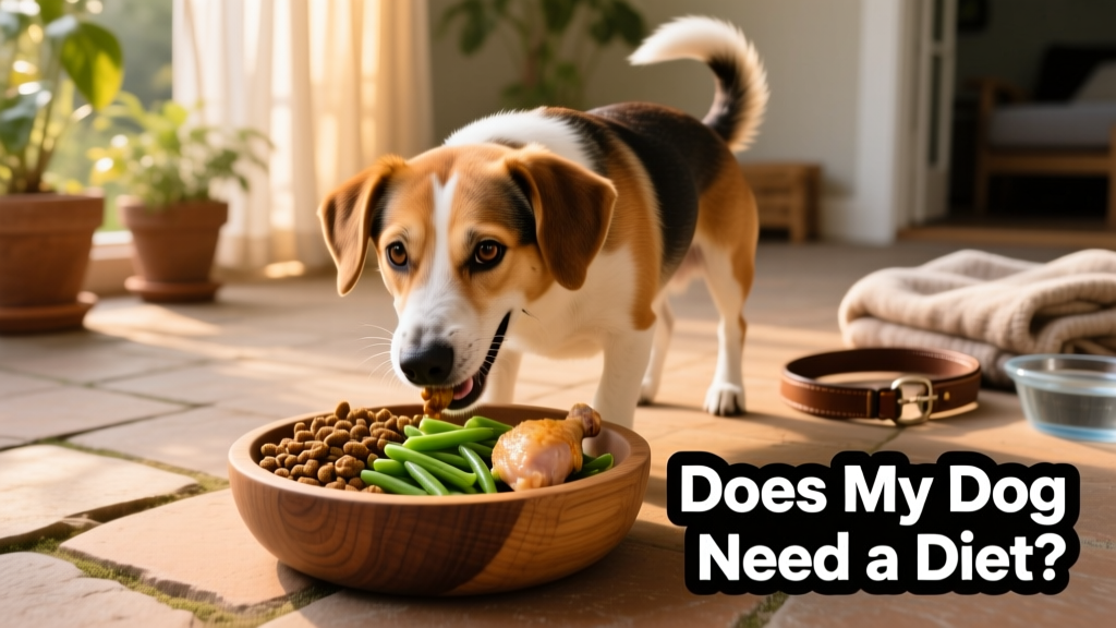 A dog happily eating a balanced meal featuring kibble, steamed green beans, and a small piece of cooked chicken