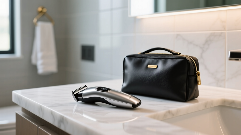 Close-up of a modern waterproof electric trimmer resting on a marble bathroom counter next to a sleek travel pouch for men.