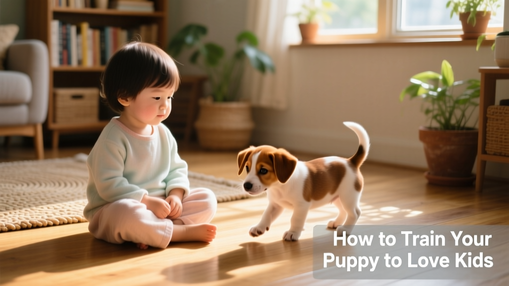A child sitting calmly on the floor while a curious puppy approaches gently