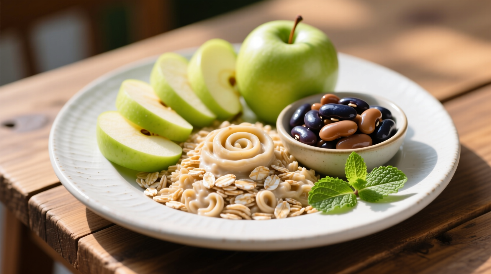 Colorful plate of soluble fiber foods including oats, apples, and beans