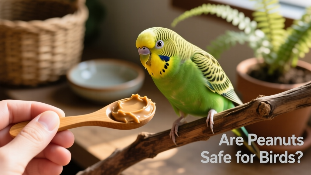 Hand holding a small spoon of natural peanut butter near a curious budgie