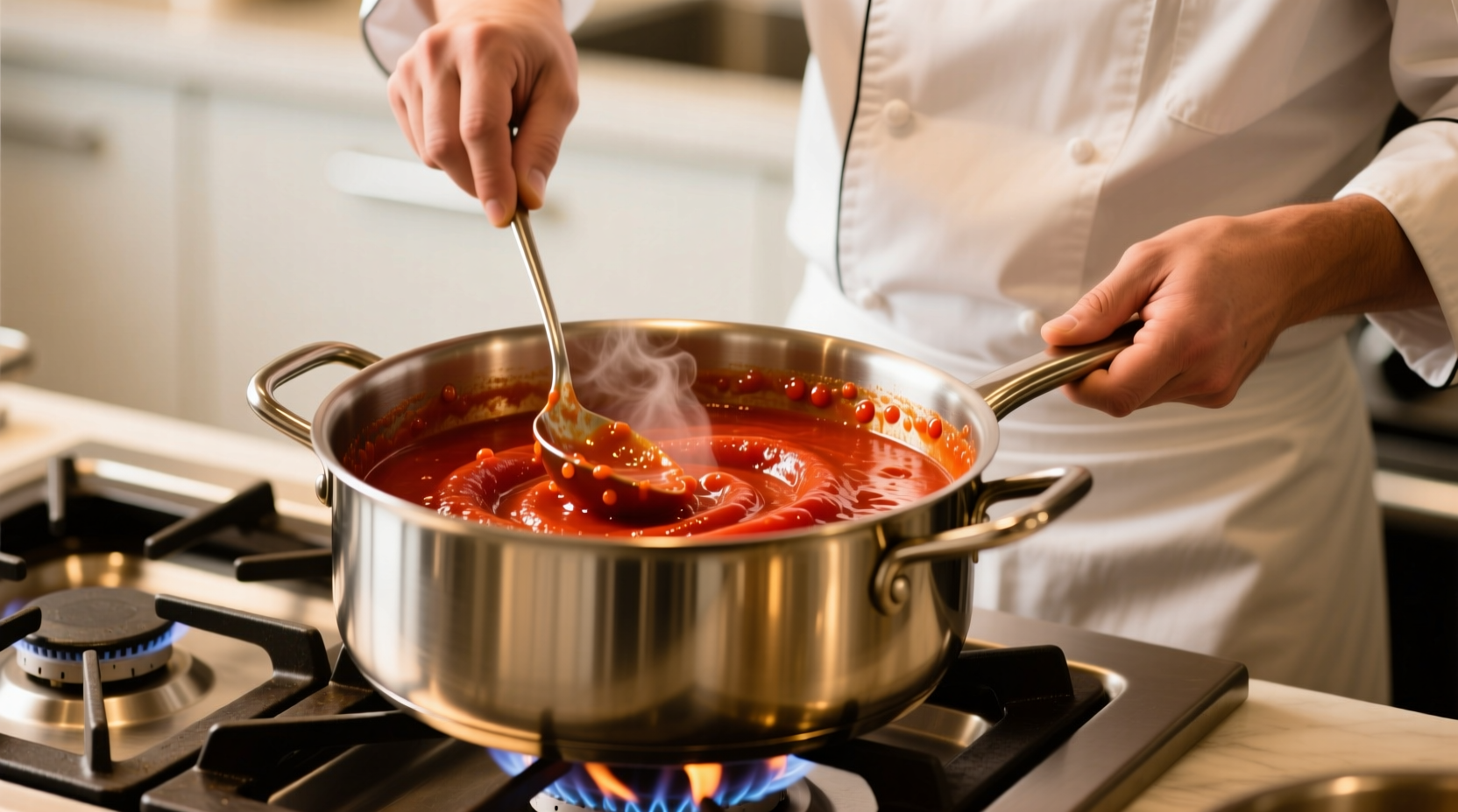 Chef stirring tomato puree in stainless steel pot