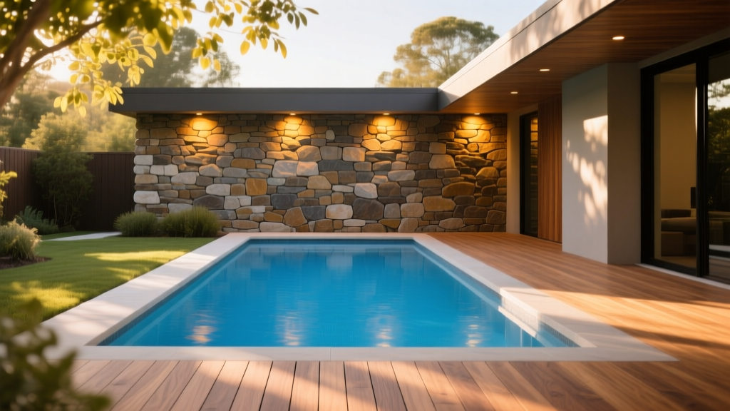 Above ground pool surrounded by a custom stacked stone veneer wall with warm integrated lighting and a composite wooden deck.