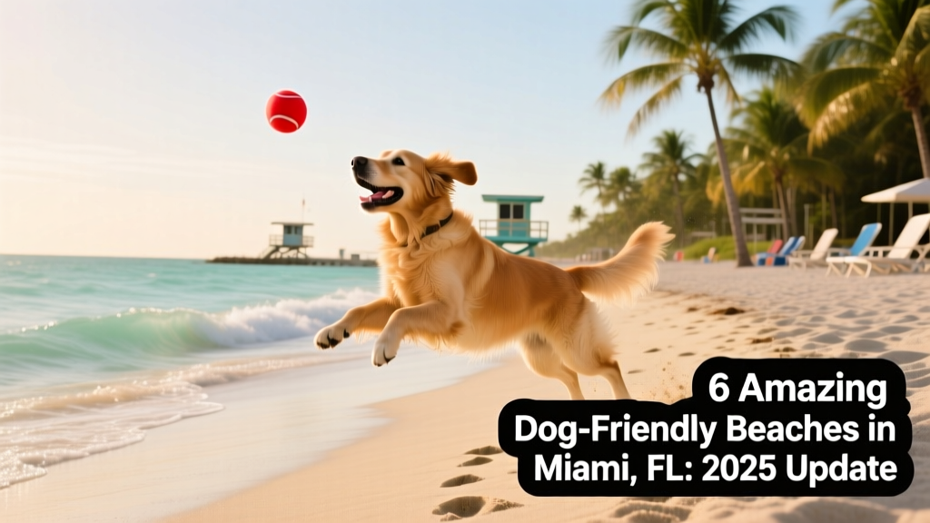 A golden retriever playing fetch near gentle waves at a sunny Miami beach with palm trees in the background