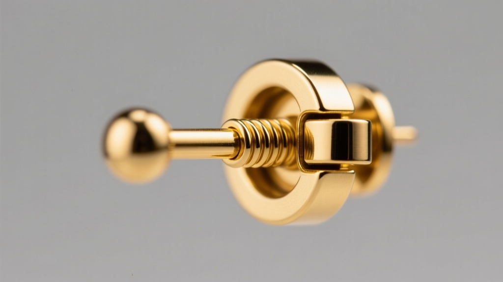 Extreme close-up of a 14-karat gold earring post sliding into a spring-loaded security latch back under bright studio lighting