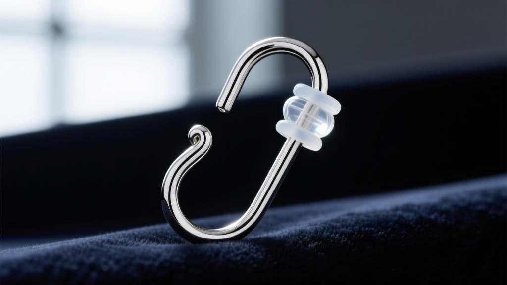 Macro shot of an 18-gauge sterling silver French wire hook with a clear silicone stopper against a blurred dark velvet backdrop.