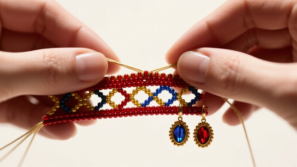 Close-up of hands weaving a brick stitch base row with WildFire thread, forming a ladder stitch foundation for seed bead earrings.