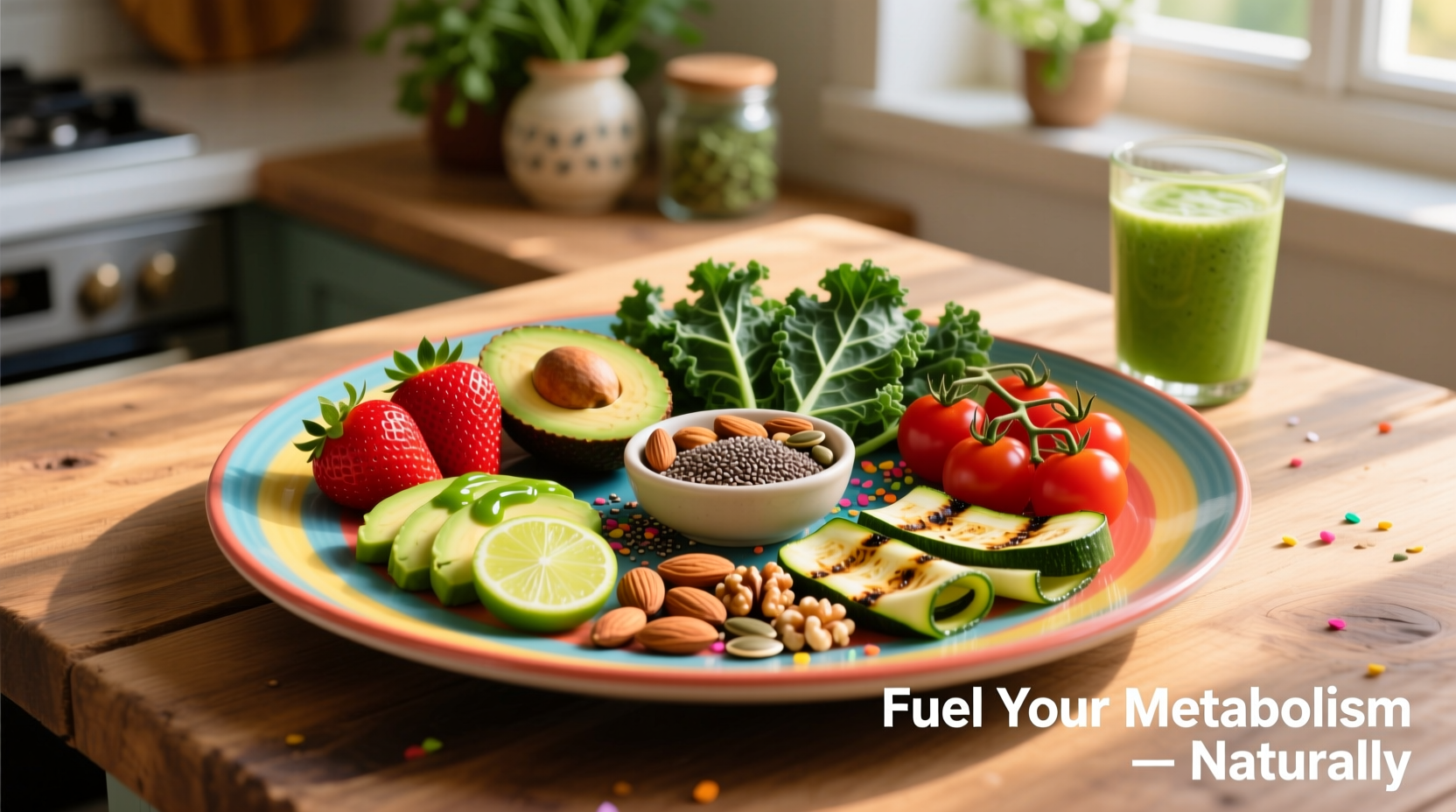 Colorful plate of metabolism-boosting foods