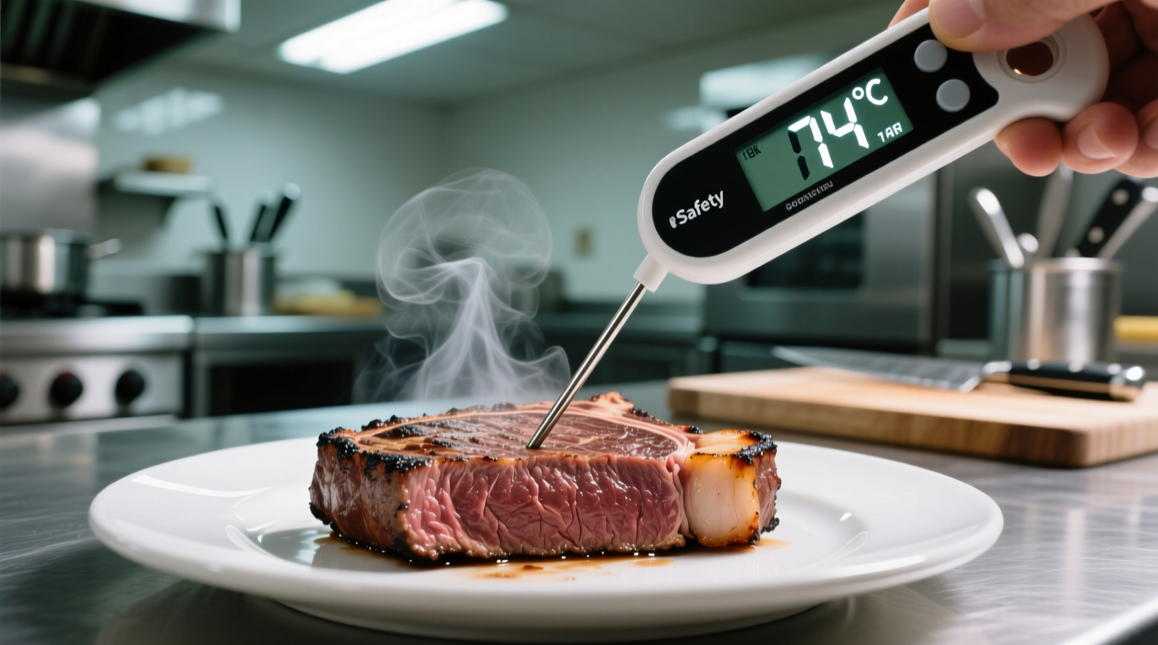 Food safety thermometer checking cooked beef temperature