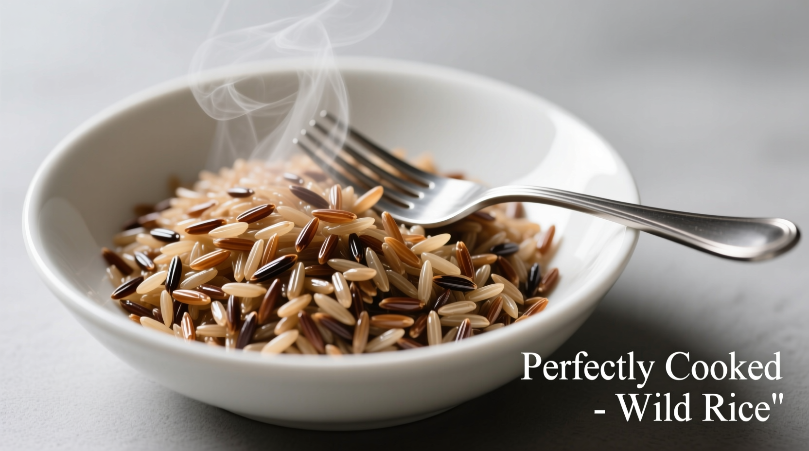 Perfectly cooked wild rice in a white bowl with fork