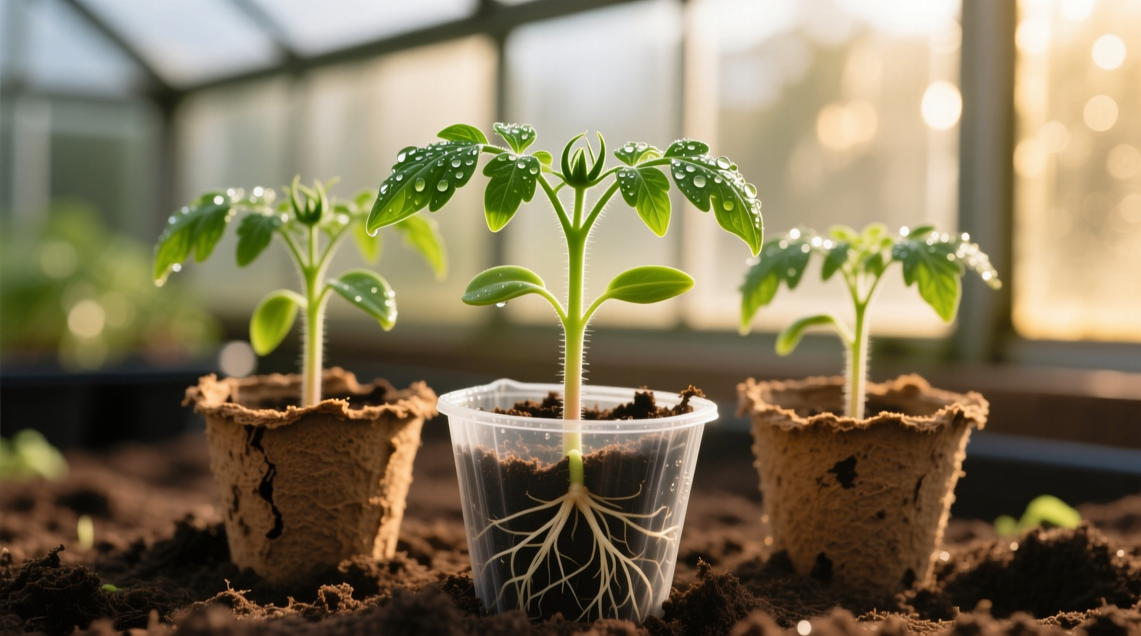 Healthy tomato seedlings in biodegradable pots
