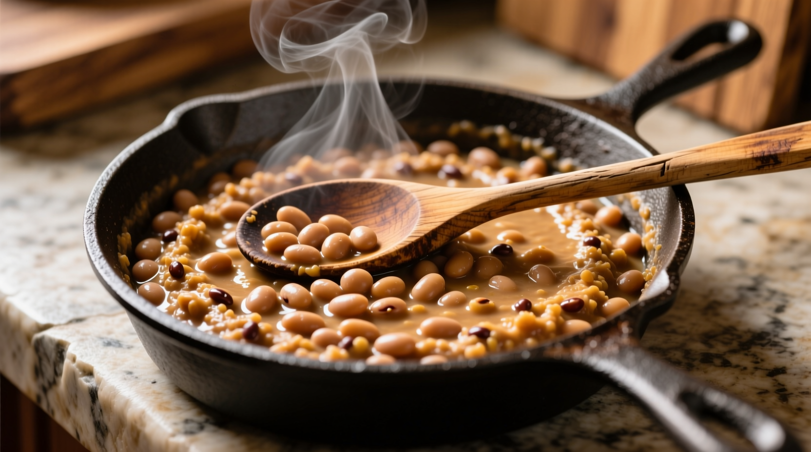 Creamy refried beans in cast iron skillet with wooden spoon