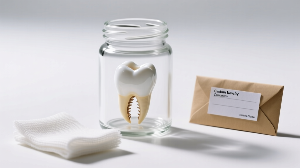 Sterile gauze, glass jar, and extracted molar prepared for shipping to a custom jewelry caster under bright clinical lighting