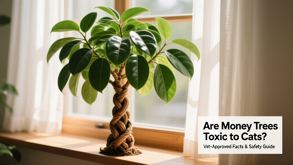 A healthy money tree plant with braided trunk and vibrant green leaves sitting on a windowsill