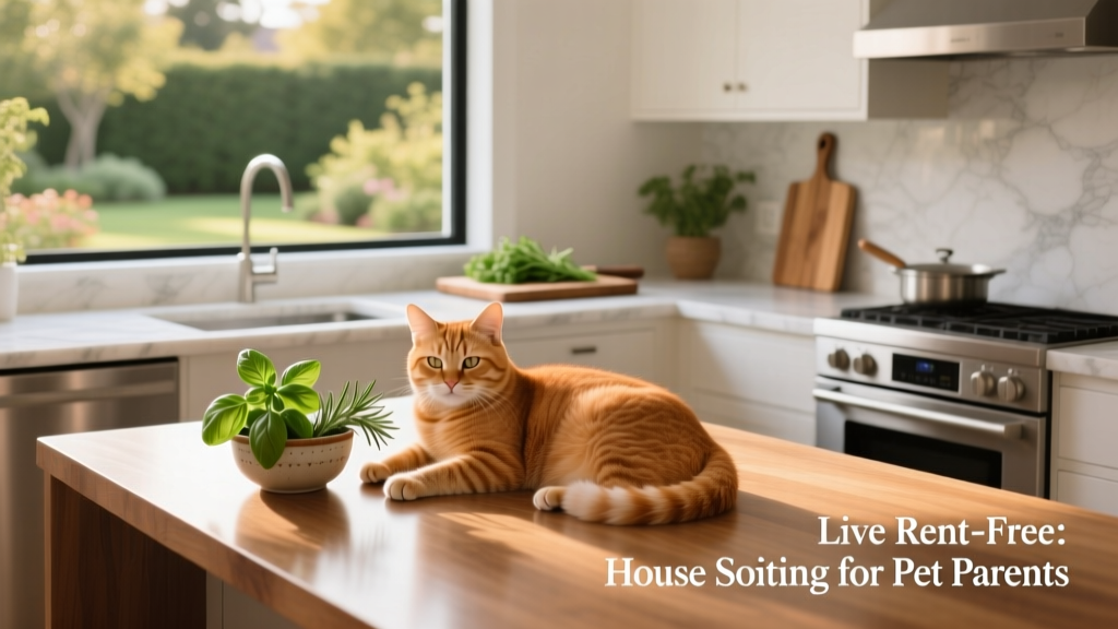 A calm, well-lit kitchen with a content cat curled up on a counter beside fresh herbs and a window view