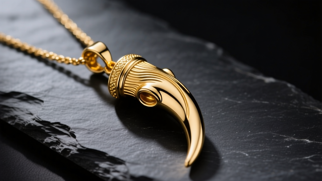 Textured 14k gold horn pendant on dark slate, illuminated by soft directional lighting to highlight the intricate metallic ridges