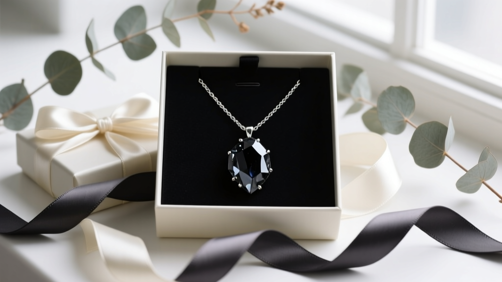 Gift box with raw black tourmaline rock necklace on silver chain, surrounded by dried eucalyptus and neatly folded satin ribbon