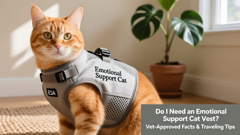 Close-up of a well-fitted, breathable ESA vest on a ginger cat—showing adjustable Velcro straps, embroidered text, and ventilation panels