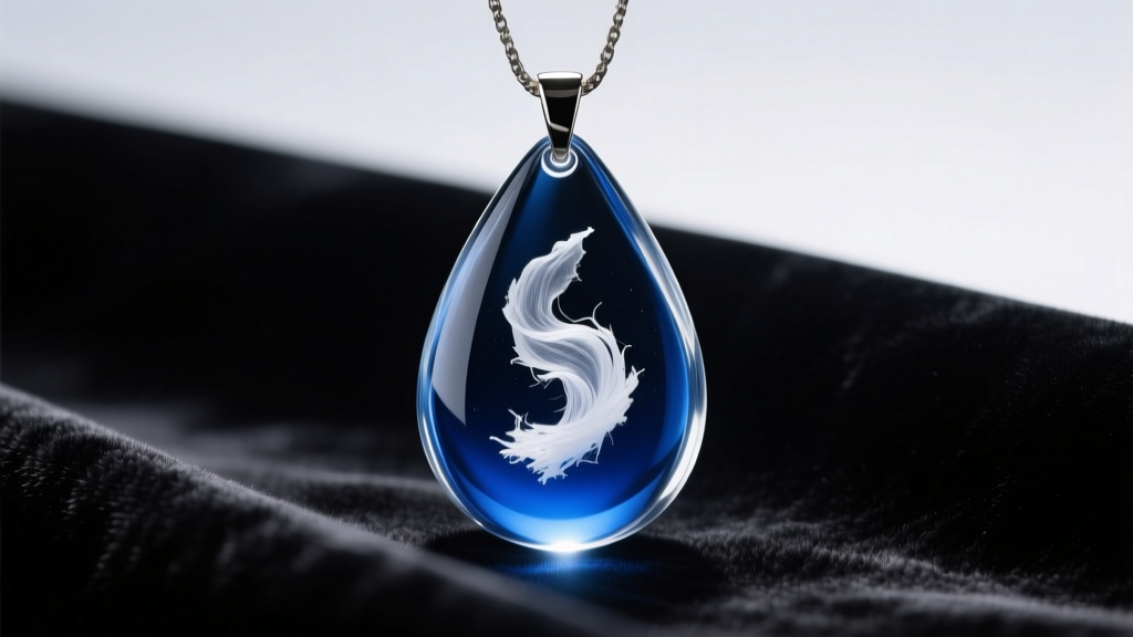 Close-up of a teardrop glass pendant with white cremation ashes in blue resin, resting on dark velvet under soft studio lighting.
