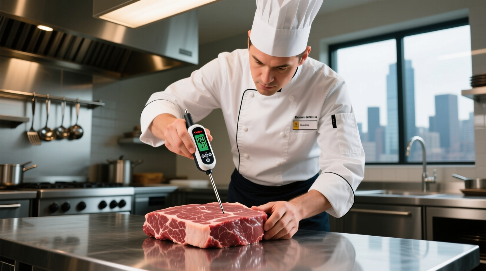 Professional chef checking ground beef temperature with thermometer