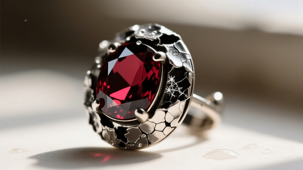 Close-up of degraded silver foil inside a closed-back antique garnet earring setting, showing black oxidation and moisture damage.