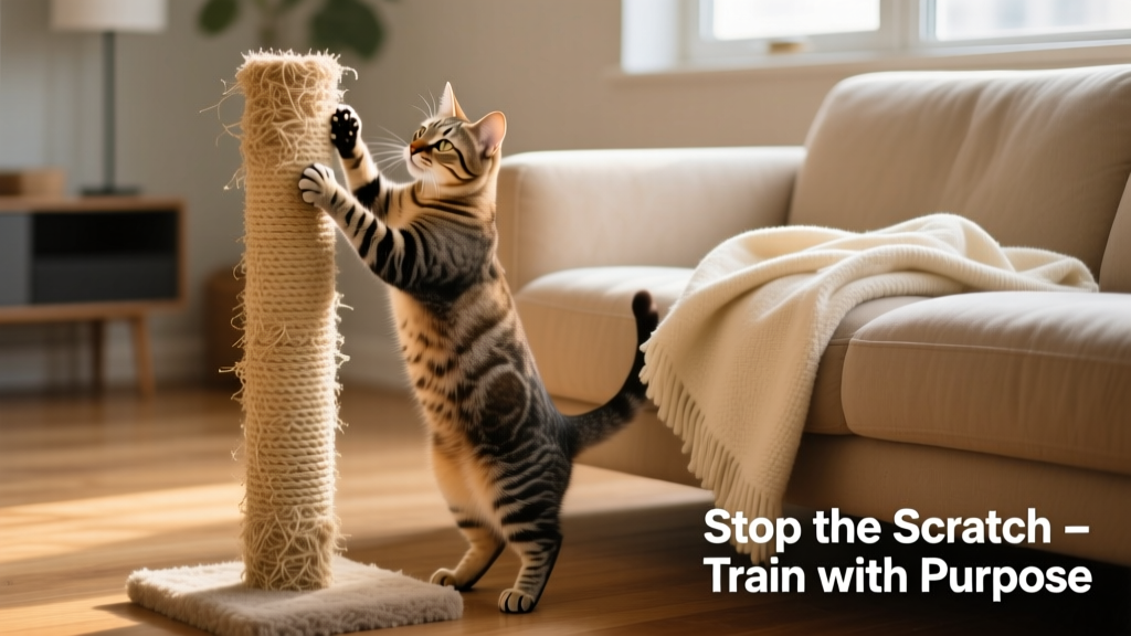 A cat confidently scratching a sturdy sisal post beside a couch, with a soft throw blanket covering the armrest