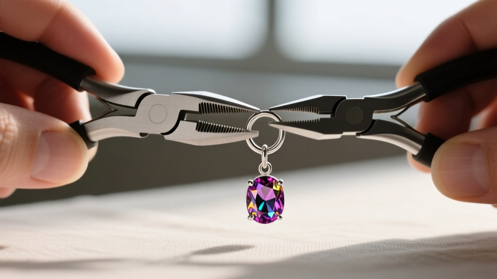 Hands using nylon pliers to open a 4mm silver jump ring connecting a leverback finding to a gemstone dangle earring component