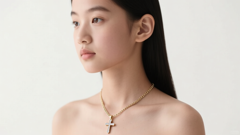 Young girl wearing a 14mm 14k white gold cross pendant on a 14-inch box chain, perfectly proportioned against her collarbone