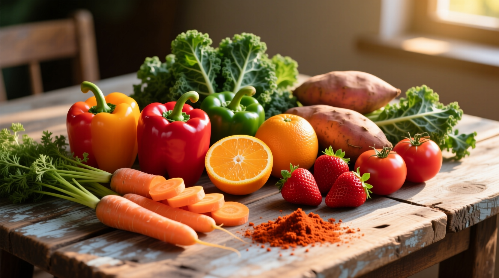 Colorful array of vitamin A and C rich foods on wooden table