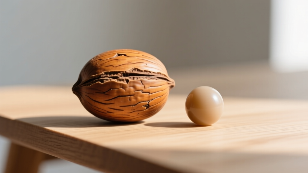 Macro shot of a genuine sanded kukui nut showing wood grain beside a smooth plastic replica bead on a simple wooden table.