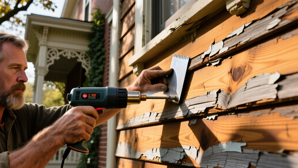 Close-up of a craftsman restoring weathered old-growth heart pine wood siding on a historic Victorian home exterior using a heat gun and scraper