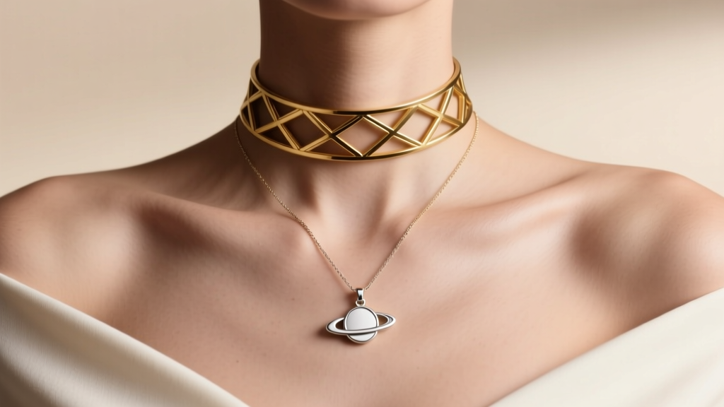 Model wearing a 16-inch gold choker and 18-inch silver pendant, showing distinct collarbone and chest placements in soft light.