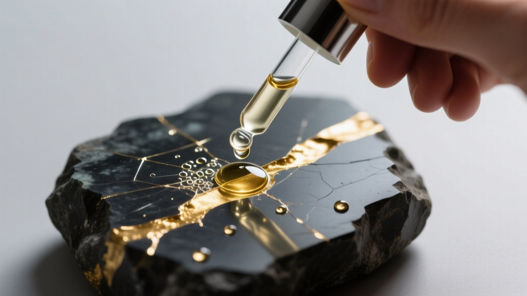 Hand using a dropper to apply acid onto a scratched gold streak on a dark basalt testing stone under bright, focused desk lighting.