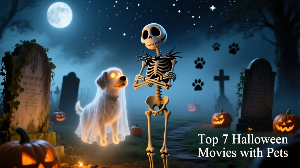 Zero the ghost dog floating beside Jack Skellington in the moonlit graveyard, his pumpkin nose glowing softly
