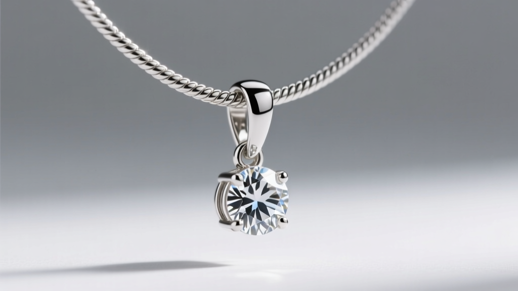 Macro shot of a diamond pendant on a 1.5mm silver flat snake chain, highlighting the bail clearance and smooth metal joints.
