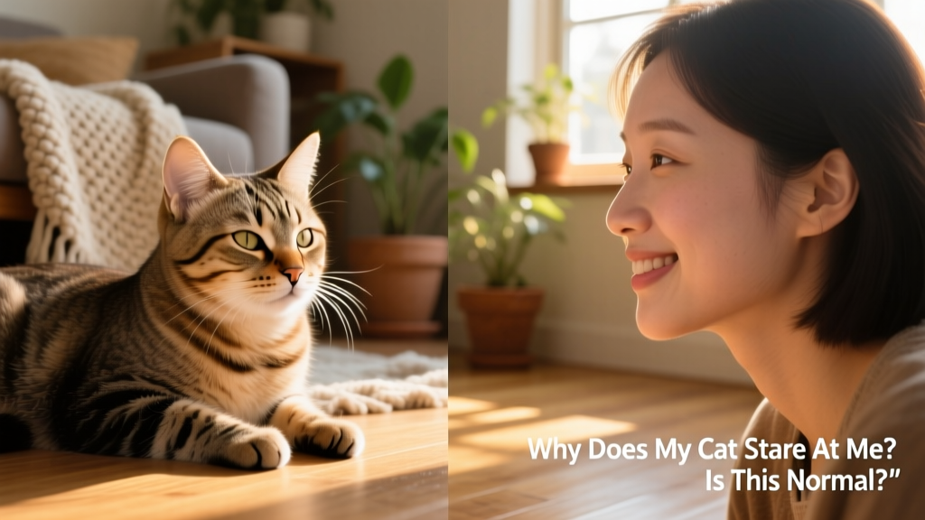 Side-by-side illustration showing a relaxed cat slow-blinking and a human returning the gesture with a gentle smile