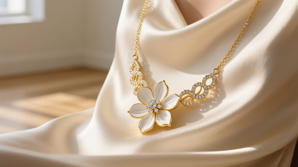 Close-up of a 14k gold white flower necklace on a silk slip dress, featuring micro-pave diamond petals against soft morning light