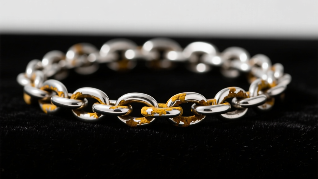 Tarnished 925 sterling silver rope chain on dark velvet, highlighting yellow-brown oxidation on the intricate metal links.
