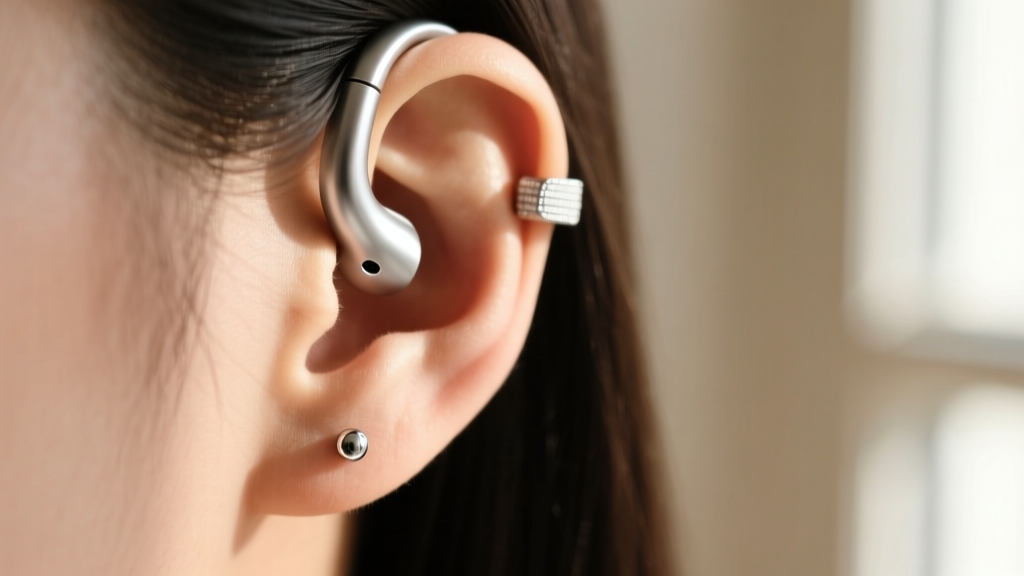 Close-up of a silver headphone ear cuff wrapping over the ear helix, paired with a lobe stud under soft lighting.