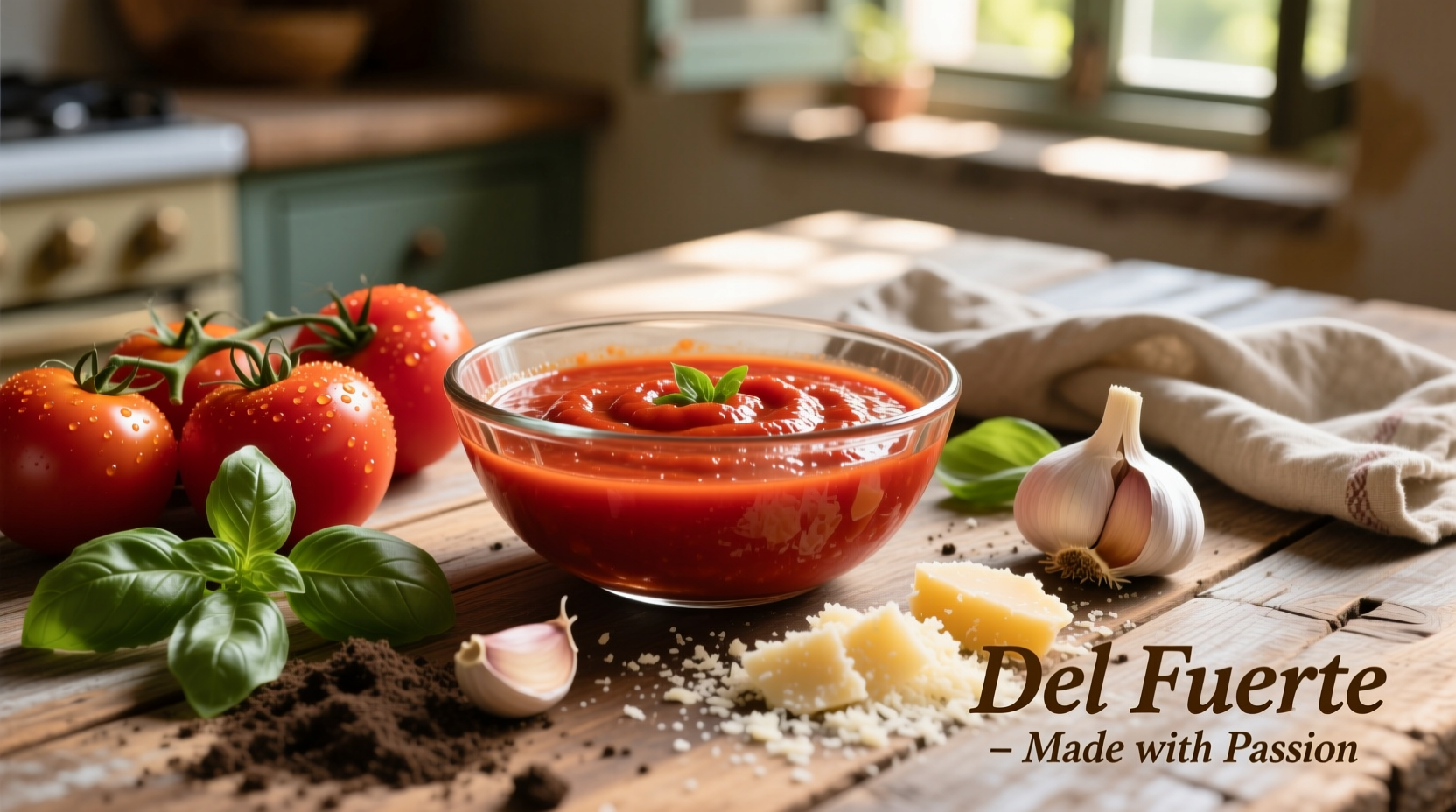 Del Fuerte Tomatensauce in Glas Schüssel mit frischen Zutaten