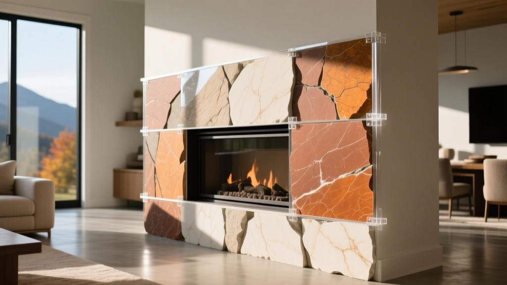 Close-up of Autumn Mountain AirStone veneer panels applied with adhesive to a modern drywall fireplace surround in a bright living room