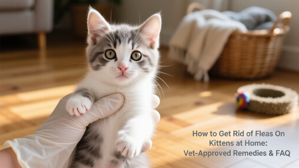 Close-up of a healthy 6-week-old kitten gently being examined by a hand wearing clean gloves