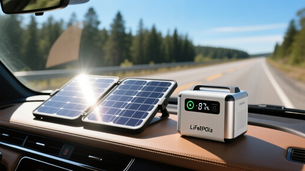 Foldable 200W solar panels on a vehicle dashboard charging a sleek portable LiFePO4 power station for off-grid mobile tech.