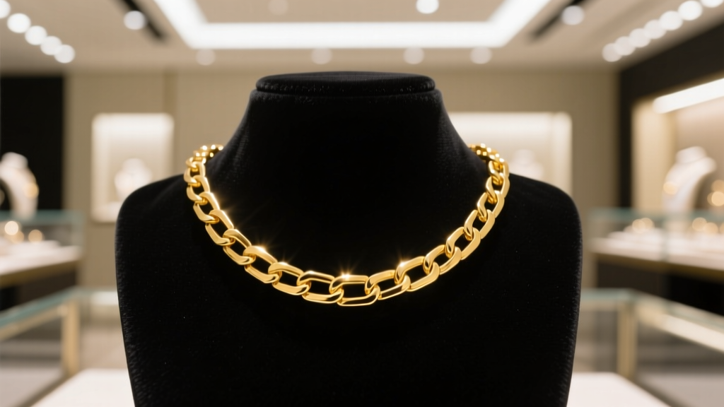 Close-up of a 14k yellow gold box chain necklace resting on dark velvet inside a brightly lit department store jewelry display